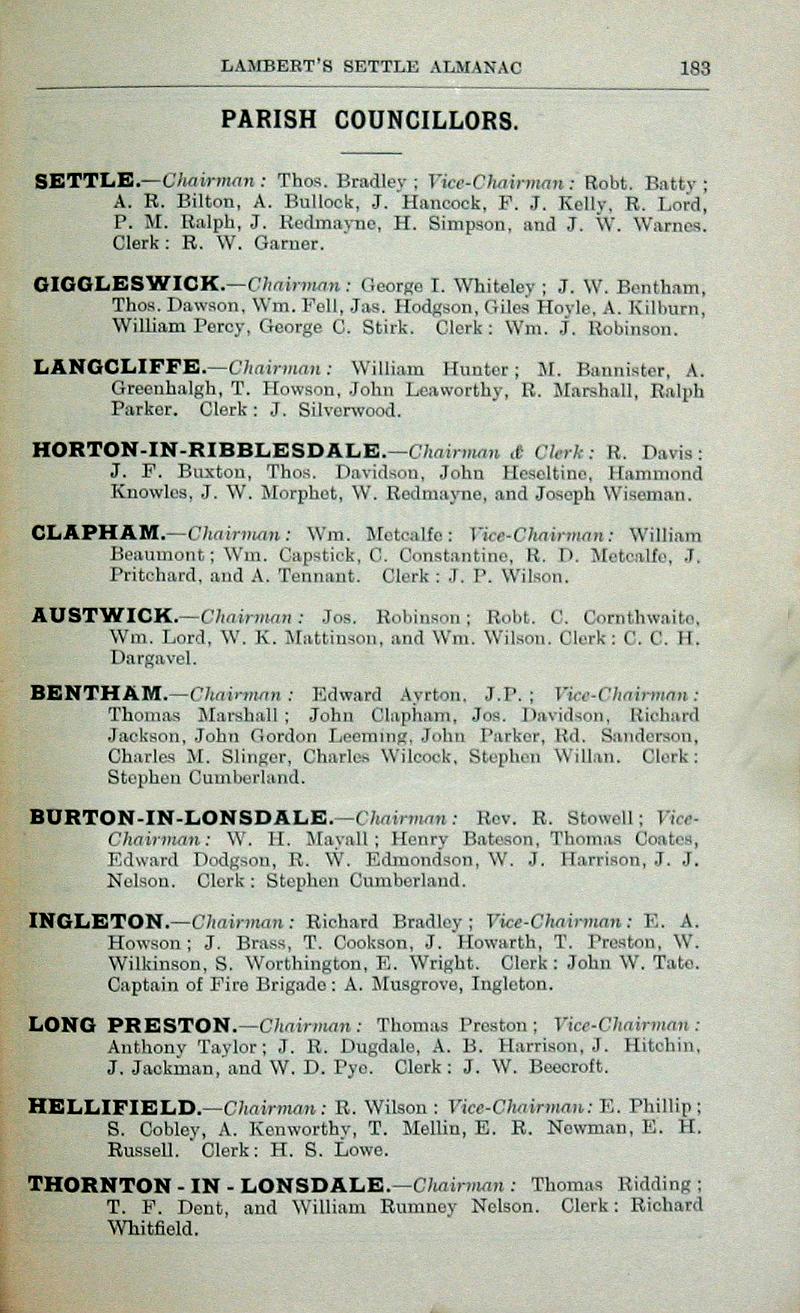 Settle Almanac 1914 - p183.JPG - Lambert's Settle Almanac 1914 - p183 - List of Parish Councillors